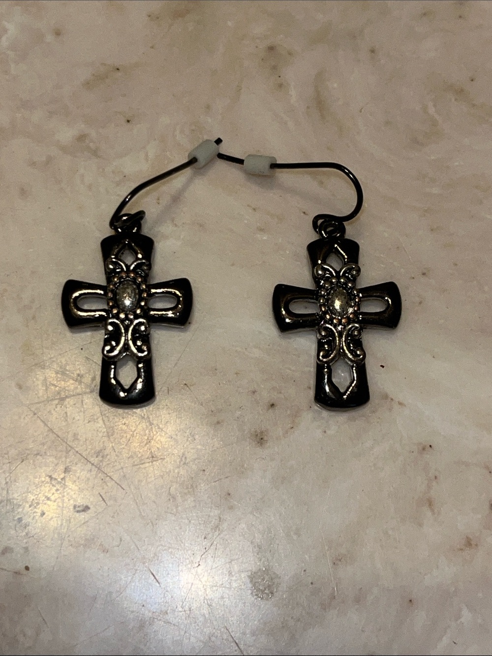 Antique Silver Toned Cross Dangle Earrings with Silver Accents